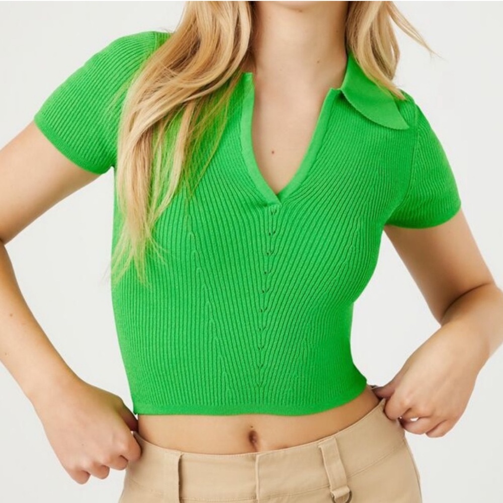 Forever21 Green Ribbed Knit Polo Top